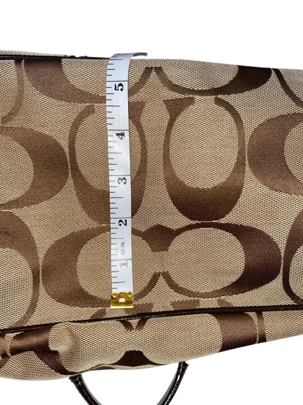 Coach Signature Canvas Tote Bag With Brown Leather Trim & Gold Hardware F21949
